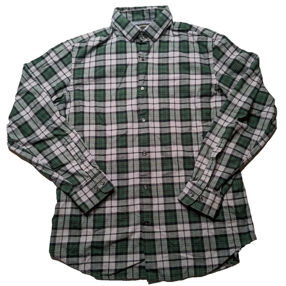BANANA‎ REPUBLIC Men Large Green Gray Plaid Cotton FLANNEL Shirt